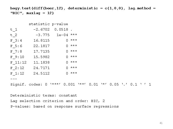 hegy. test(diff(beer, 12), deterministic = c(1, 0, 0), lag. method = "BIC", maxlag =