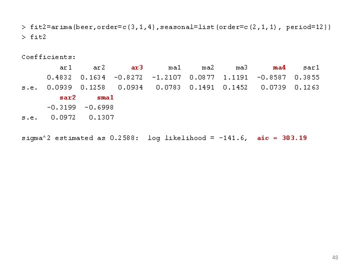 > fit 2=arima(beer, order=c(3, 1, 4), seasonal=list(order=c(2, 1, 1), period=12)) > fit 2 Coefficients: