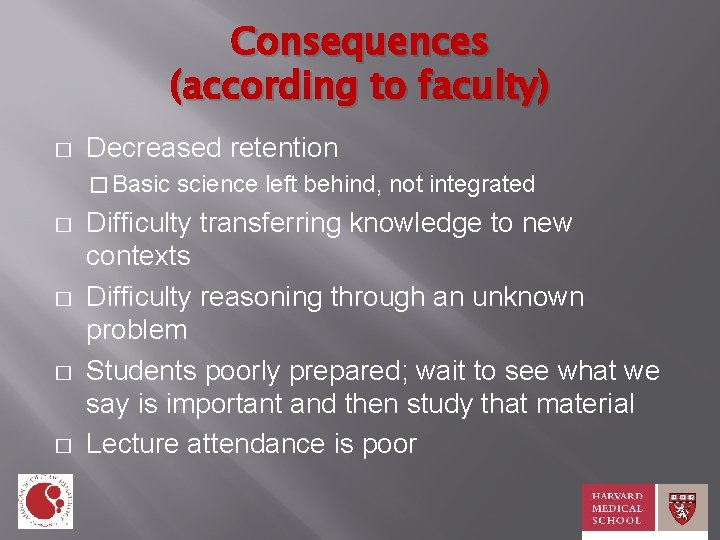 Consequences (according to faculty) � Decreased retention � Basic � � science left behind,