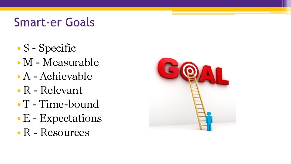 Smart-er Goals • S - Specific • M - Measurable • A - Achievable