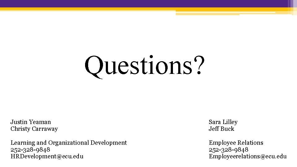 Questions? Justin Yeaman Christy Carraway Sara Lilley Jeff Buck Learning and Organizational Development 252