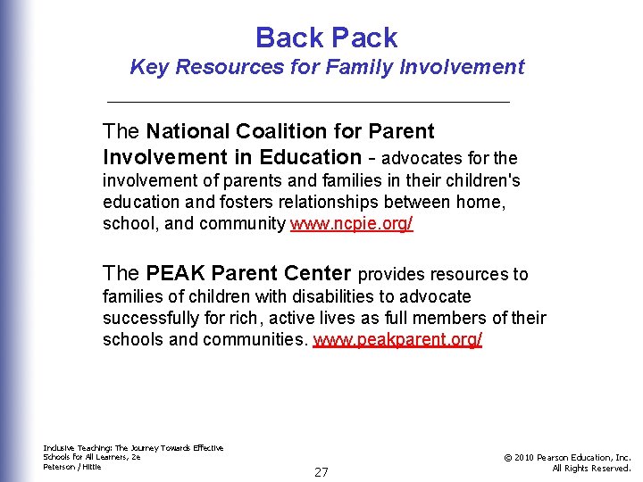 Back Pack Key Resources for Family Involvement The National Coalition for Parent Involvement in Back Pack Key Resources for Family Involvement The National Coalition for Parent Involvement in