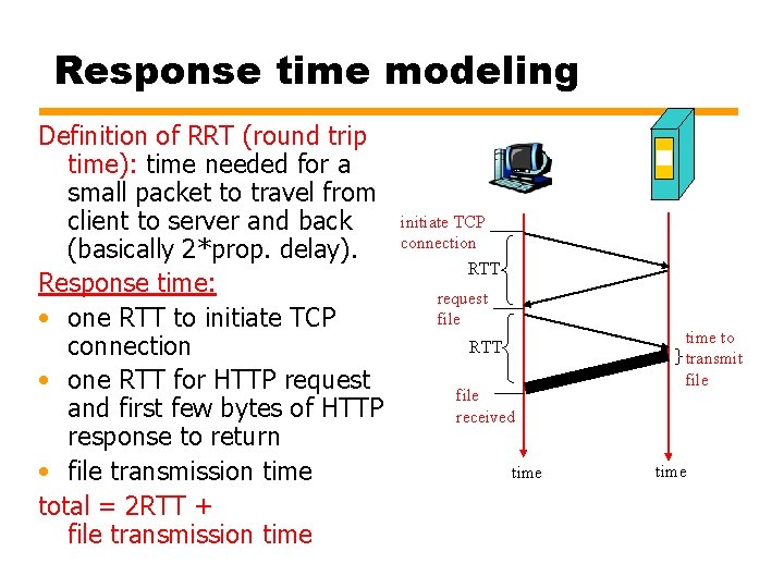 Response time modeling Definition of RRT (round trip time): time needed for a small