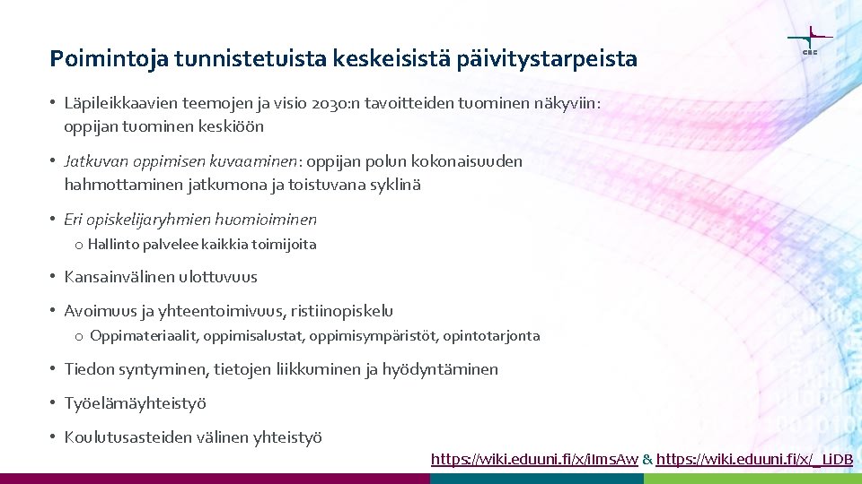 Poimintoja tunnistetuista keskeisistä päivitystarpeista • Läpileikkaavien teemojen ja visio 2030: n tavoitteiden tuominen näkyviin: