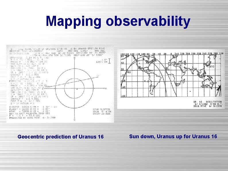 Mapping observability Geocentric prediction of Uranus 16 Sun down, Uranus up for Uranus 16