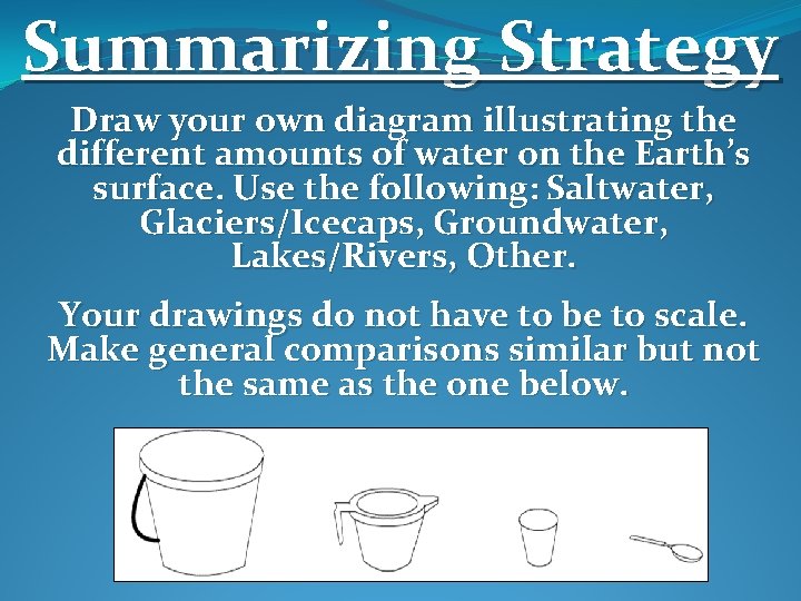 Summarizing Strategy Draw your own diagram illustrating the different amounts of water on the Summarizing Strategy Draw your own diagram illustrating the different amounts of water on the