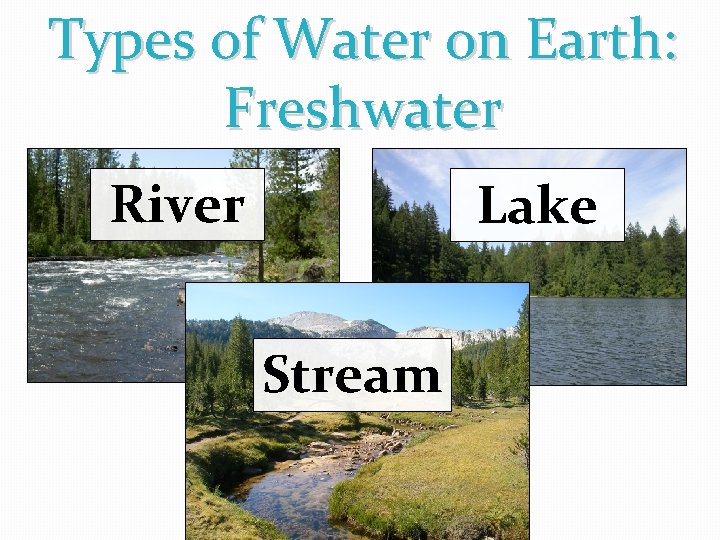 Types of Water on Earth: Freshwater River Lake Stream Types of Water on Earth: Freshwater River Lake Stream