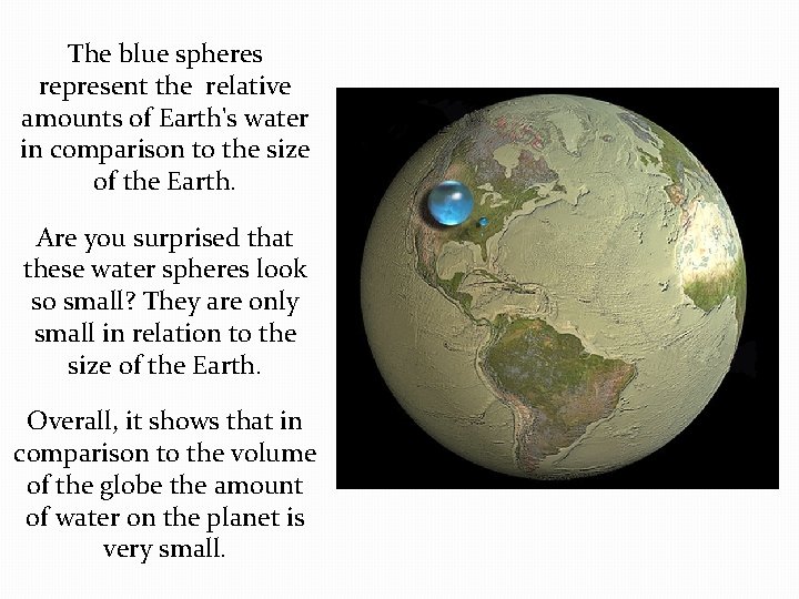 The blue spheres represent the relative amounts of Earth's water in comparison to the The blue spheres represent the relative amounts of Earth's water in comparison to the