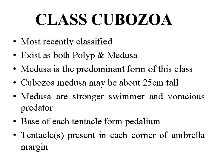 CLASS CUBOZOA • • • Most recently classified Exist as both Polyp & Medusa