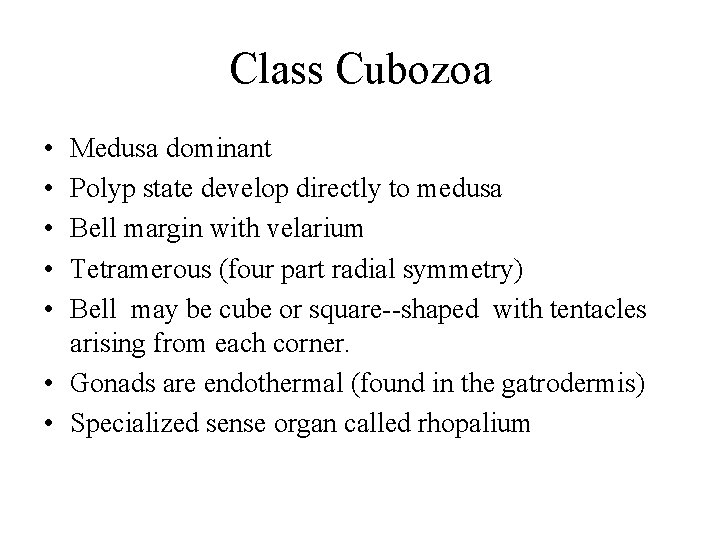 Class Cubozoa • • • Medusa dominant Polyp state develop directly to medusa Bell