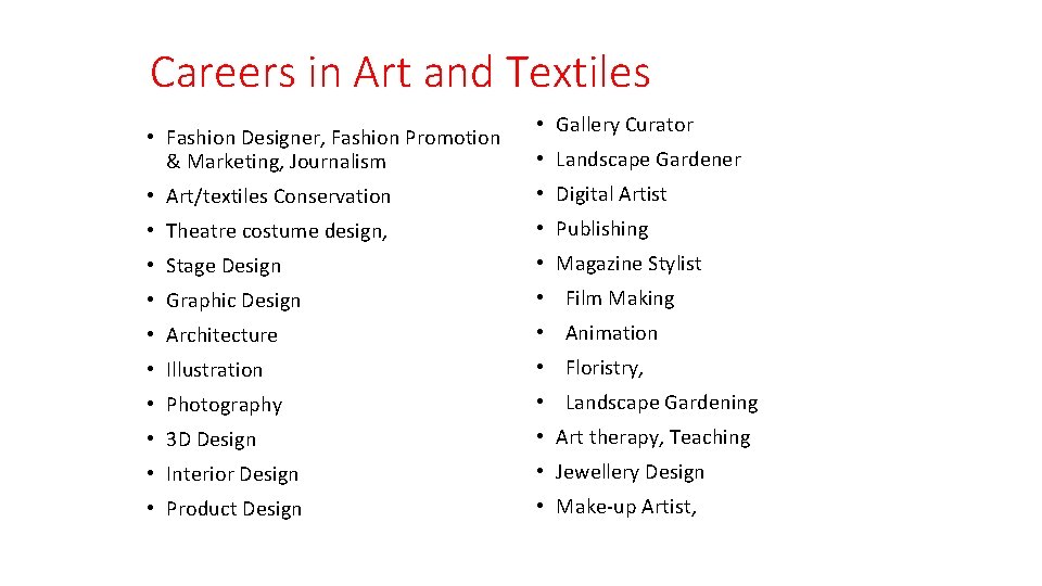 Careers in Art and Textiles • Fashion Designer, Fashion Promotion & Marketing, Journalism •