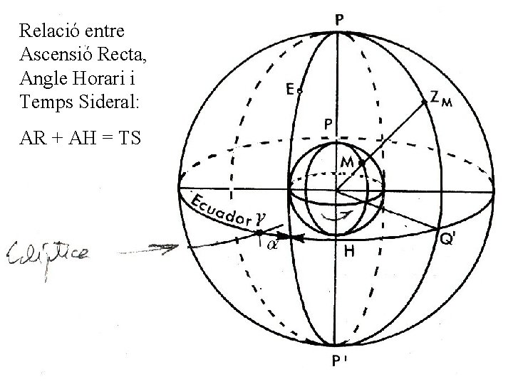 Relació entre Ascensió Recta, Angle Horari i Temps Sideral: AR + AH = TS