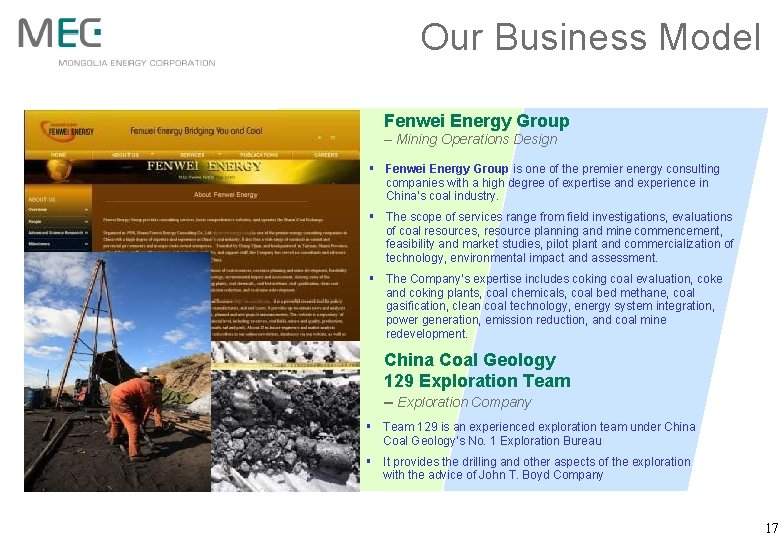 Our Business Model Fenwei Energy Group – Mining Operations Design § Fenwei Energy Group