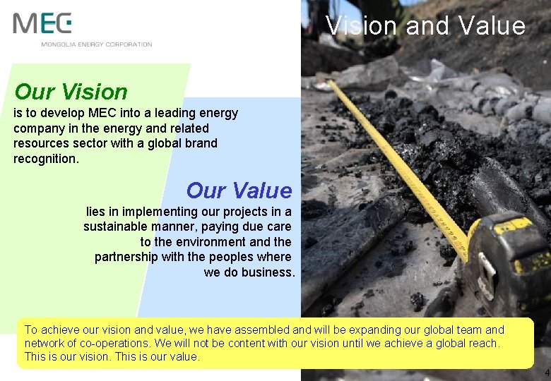 Vision and Value Our Vision is to develop MEC into a leading energy company