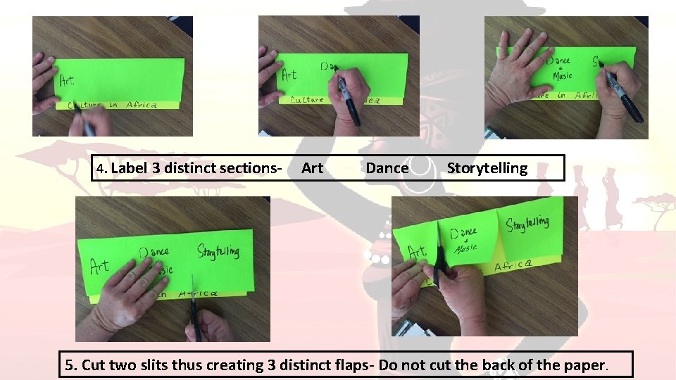 4. Label 3 distinct sections- Art Dance Storytelling 5. Cut two slits thus creating