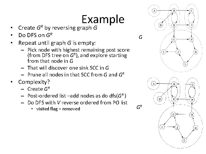 Example • Create GR by reversing graph G • Do DFS on GR • Example • Create GR by reversing graph G • Do DFS on GR •