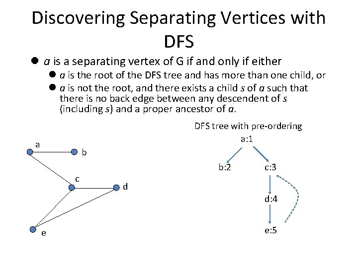 Discovering Separating Vertices with DFS l a is a separating vertex of G if Discovering Separating Vertices with DFS l a is a separating vertex of G if