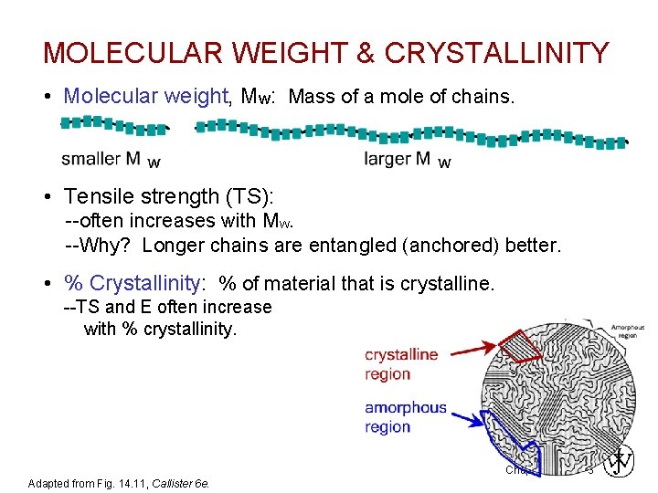 MOLECULAR WEIGHT & CRYSTALLINITY • Molecular weight, Mw: Mass of a mole of chains.