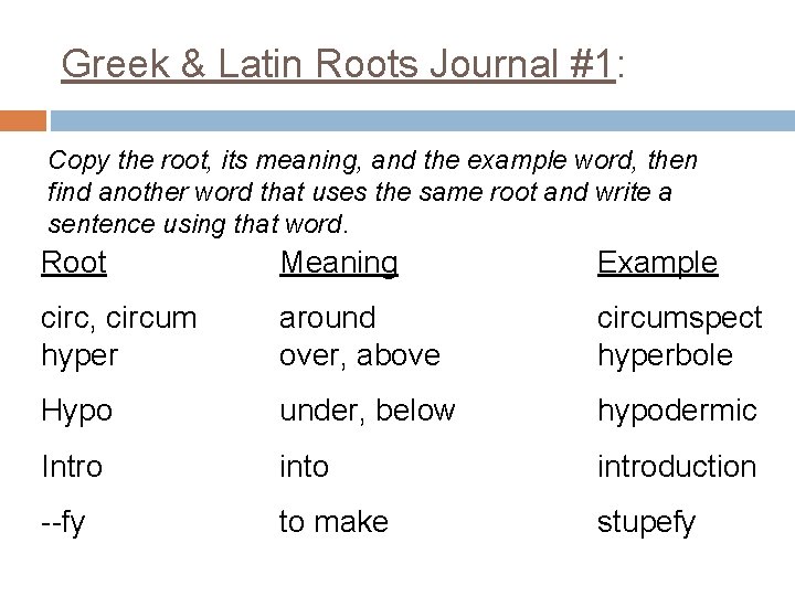 Greek & Latin Roots Journal #1: Copy the root, its meaning, and the example