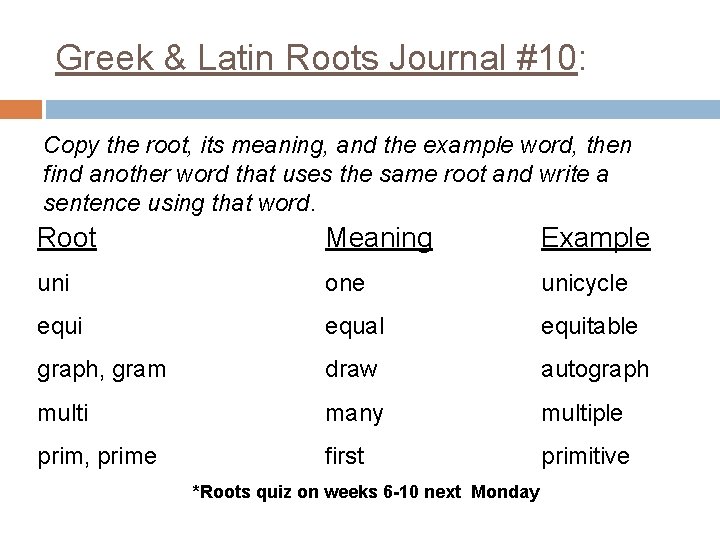 Greek & Latin Roots Journal #10: Copy the root, its meaning, and the example
