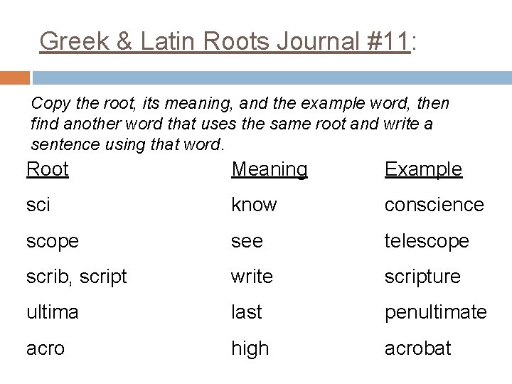 Greek & Latin Roots Journal #11: Copy the root, its meaning, and the example