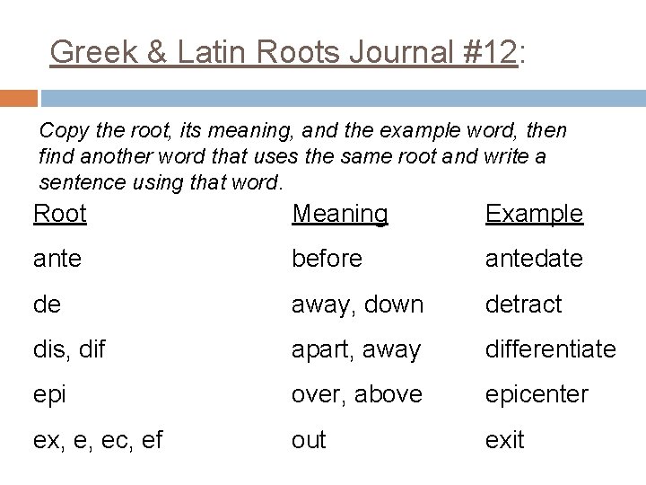 Greek & Latin Roots Journal #12: Copy the root, its meaning, and the example