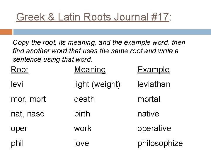Greek & Latin Roots Journal #17: Copy the root, its meaning, and the example
