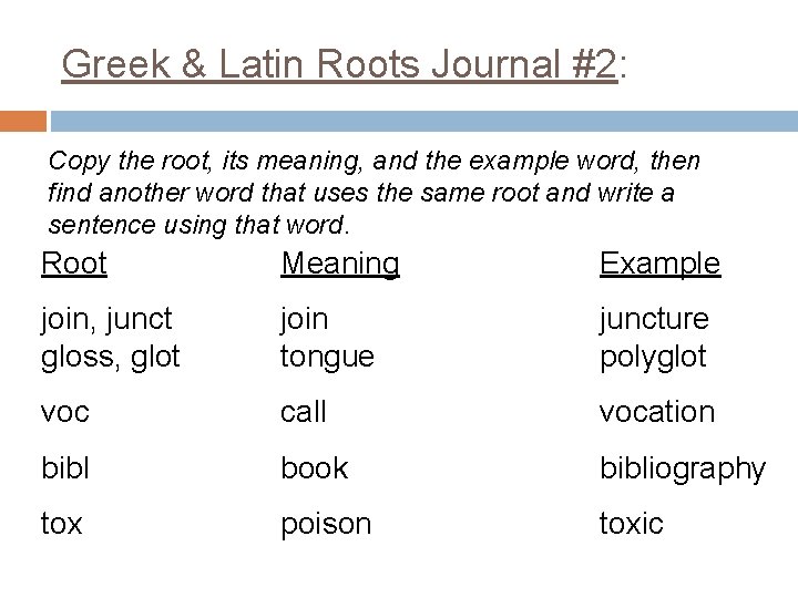 Greek & Latin Roots Journal #2: Copy the root, its meaning, and the example