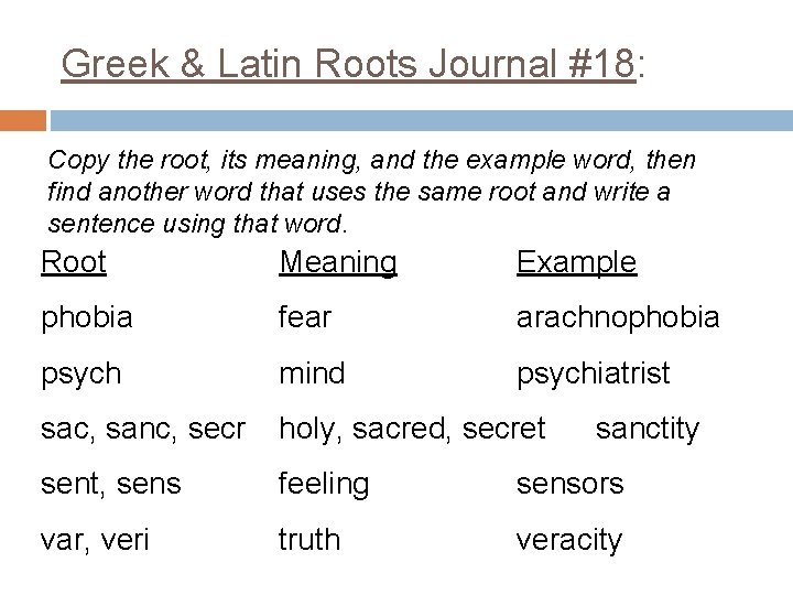 Greek & Latin Roots Journal #18: Copy the root, its meaning, and the example