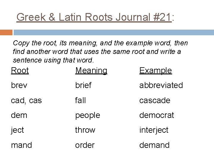 Greek & Latin Roots Journal #21: Copy the root, its meaning, and the example