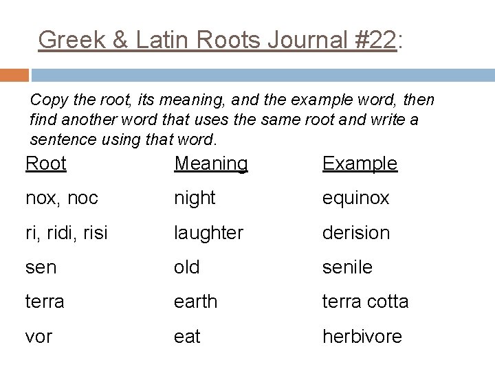 Greek & Latin Roots Journal #22: Copy the root, its meaning, and the example