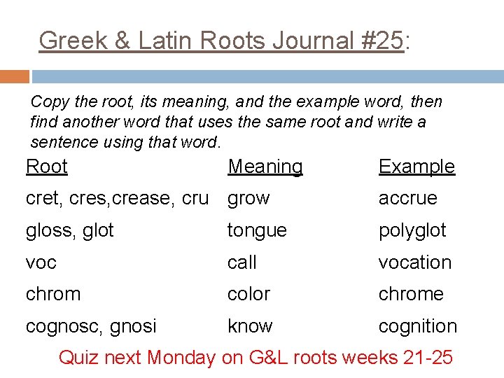 Greek & Latin Roots Journal #25: Copy the root, its meaning, and the example