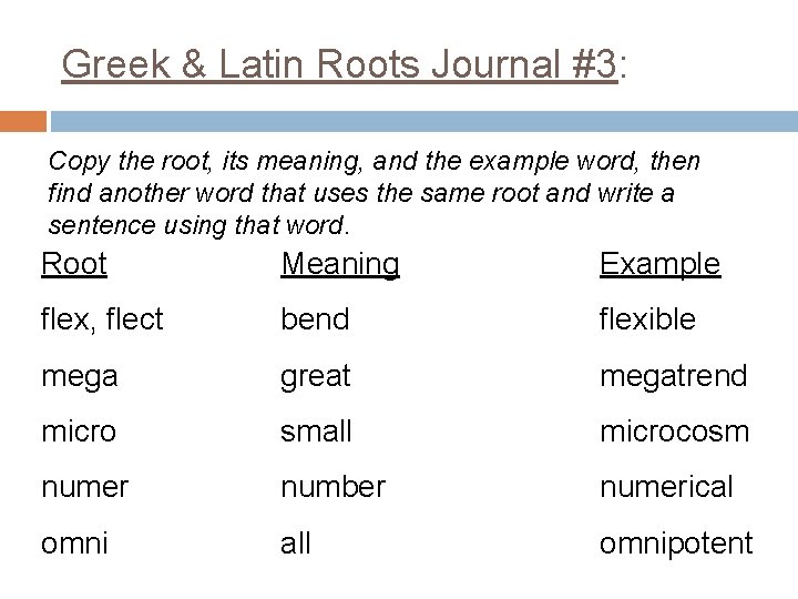 Greek & Latin Roots Journal #3: Copy the root, its meaning, and the example