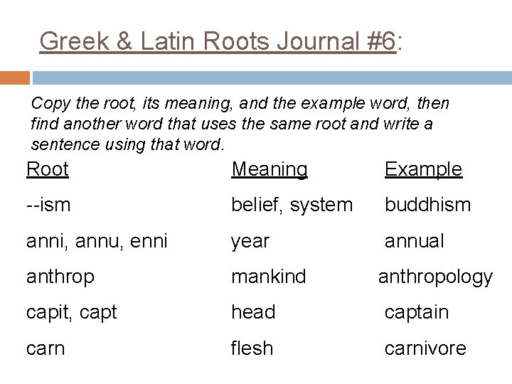 Greek & Latin Roots Journal #6: Copy the root, its meaning, and the example