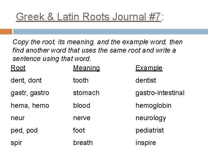 Greek & Latin Roots Journal #7: Copy the root, its meaning, and the example