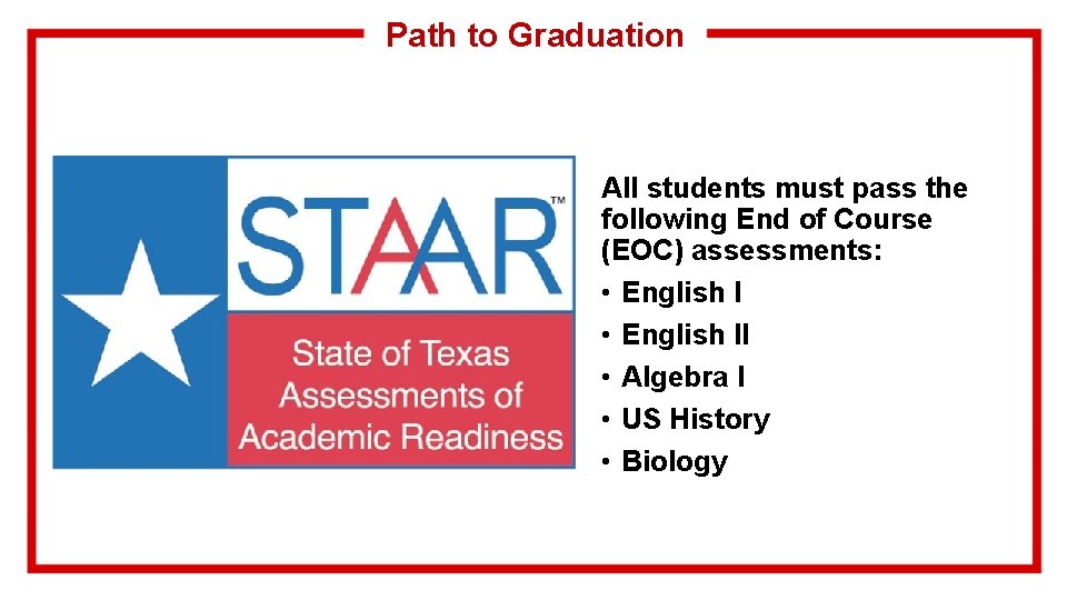 Path to Graduation All students must pass the following End of Course (EOC) assessments: