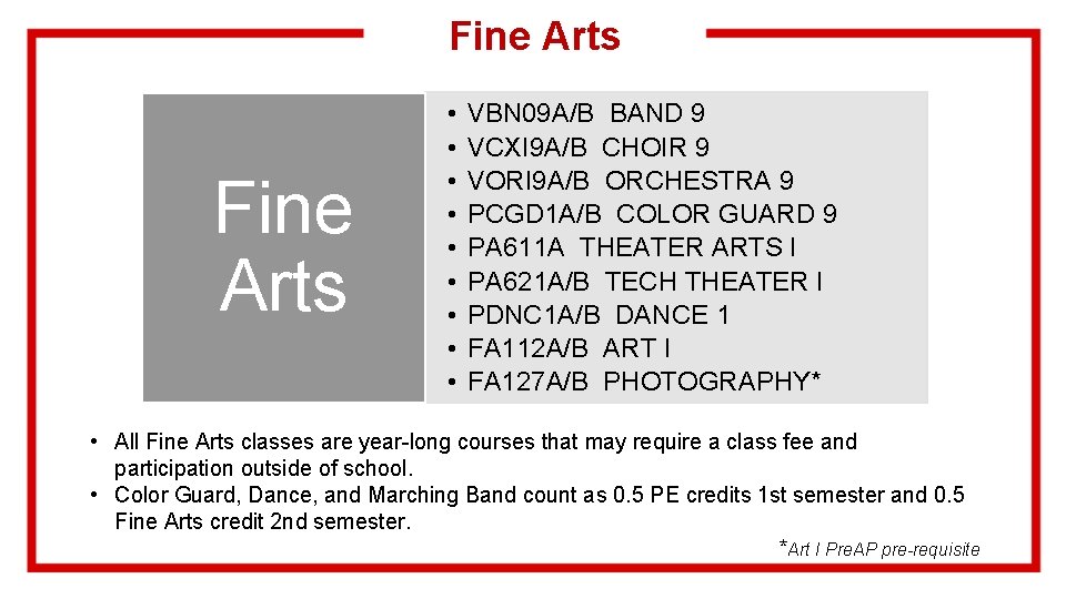 Fine Arts • • • VBN 09 A/B BAND 9 VCXI 9 A/B CHOIR