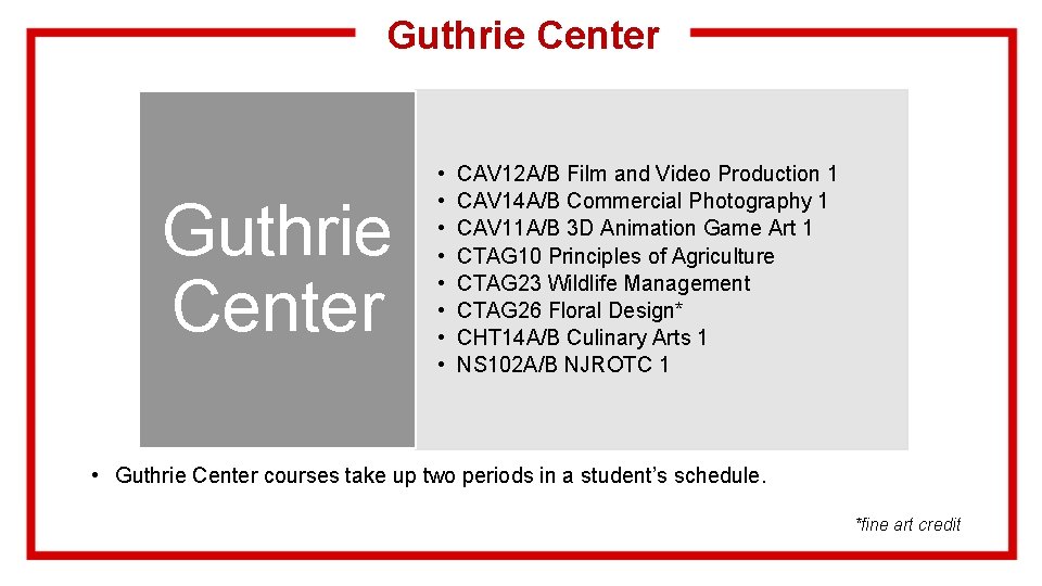 Guthrie Center • • CAV 12 A/B Film and Video Production 1 CAV 14