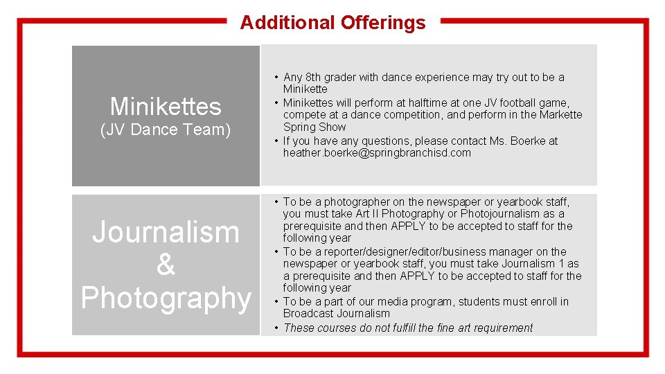 Additional Offerings Minikettes (JV Dance Team) Journalism & Photography • Any 8 th grader