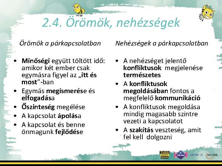 2. 4. Örömök, nehézségek Örömök a párkapcsolatban • Minőségi együtt töltött idő: amikor két