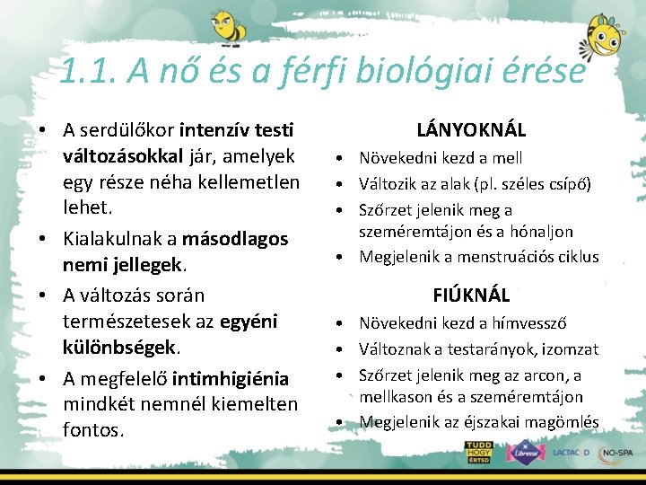 1. 1. A nő és a férfi biológiai érése • A serdülőkor intenzív testi