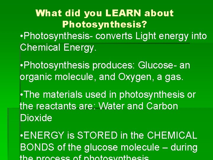 What did you LEARN about Photosynthesis? • Photosynthesis- converts Light energy into Chemical Energy.