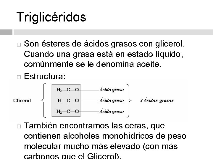 Triglicéridos Son ésteres de ácidos grasos con glicerol. Cuando una grasa está en estado