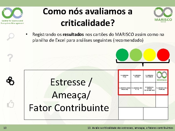 Como nós avaliamos a criticalidade? • Registrando os resultados nos cartões do MARISCO assim