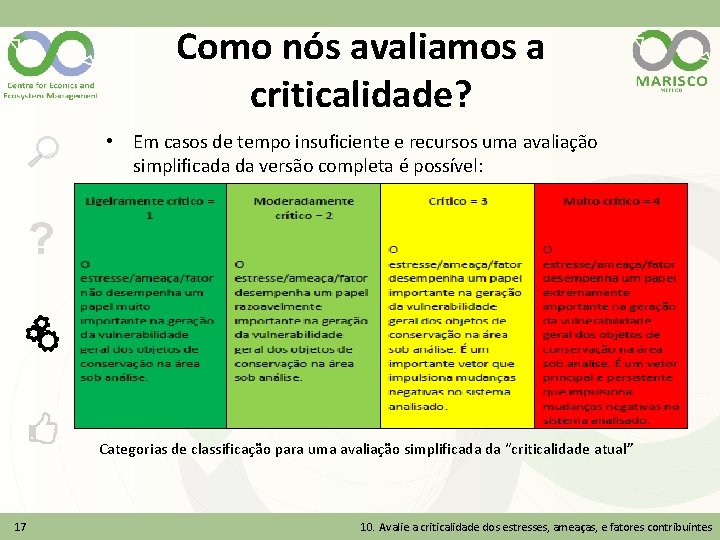 Como nós avaliamos a criticalidade? • Em casos de tempo insuficiente e recursos uma