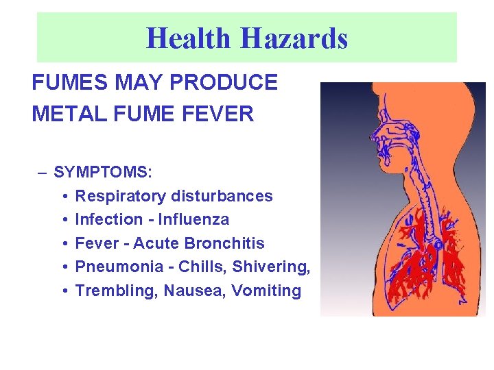 Health Hazards FUMES MAY PRODUCE METAL FUME FEVER – SYMPTOMS: • Respiratory disturbances •