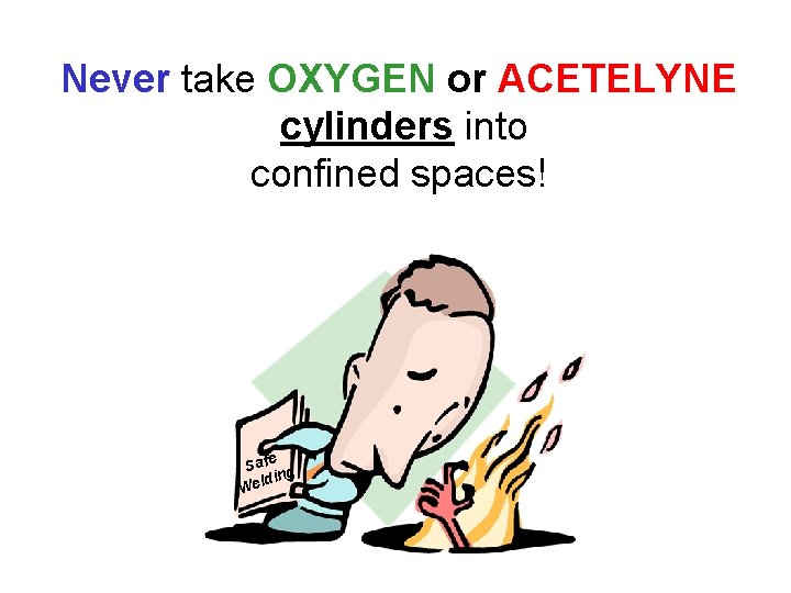Never take OXYGEN or ACETELYNE cylinders into confined spaces! Safe g din Wel 