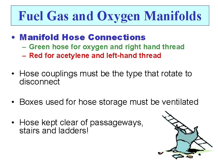 Fuel Gas and Oxygen Manifolds • Manifold Hose Connections – Green hose for oxygen