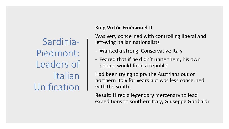 Sardinia. Piedmont: Leaders of Italian Unification King Victor Emmanuel II Was very concerned with