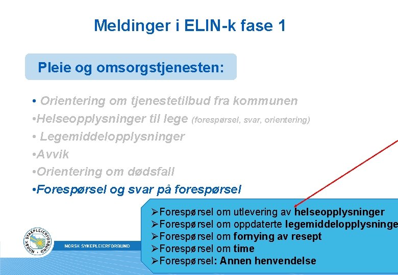 Meldinger i ELIN-k fase 1 Pleie og omsorgstjenesten: • Orientering om tjenestetilbud fra kommunen